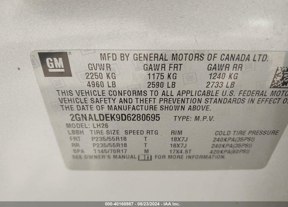 2013 CHEVROLET EQUINOX 1LT VIN: 2GNALDEK9D6280695
