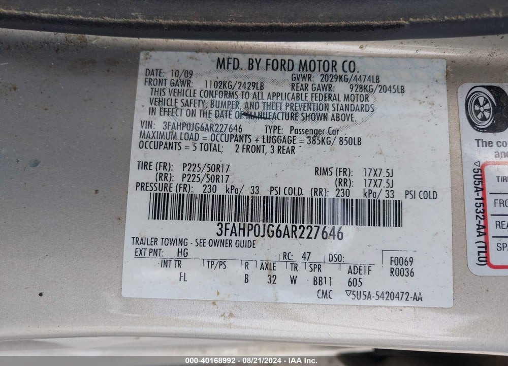2010 FORD FUSION SEL VIN: 3FAHP0JG6AR227646