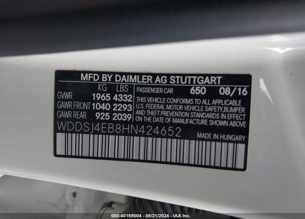 2017 MERCEDES-BENZ CLA 250 VIN: WDDSJ4EB8HN424652