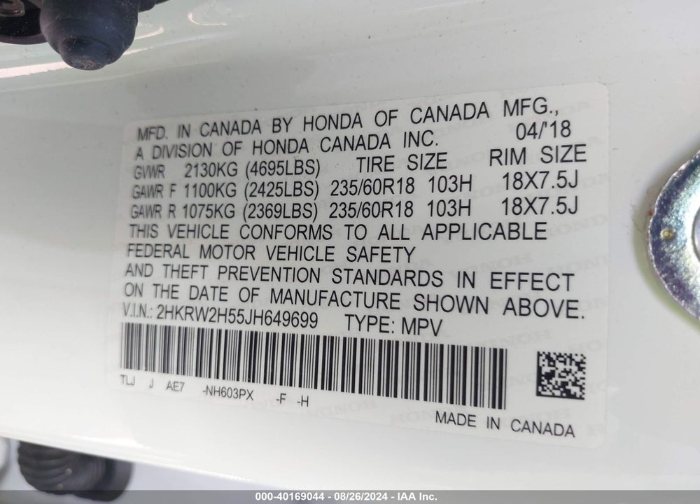 2018 HONDA CR-V EX VIN: 2HKRW2H55JH649699