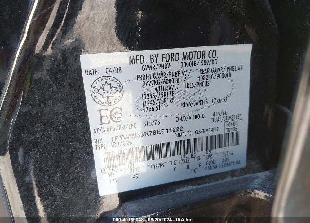 2008 FORD F-350 FX4/KING RANCH/LARIAT/XL/XLT VIN: 1FTWW33R78EE11222