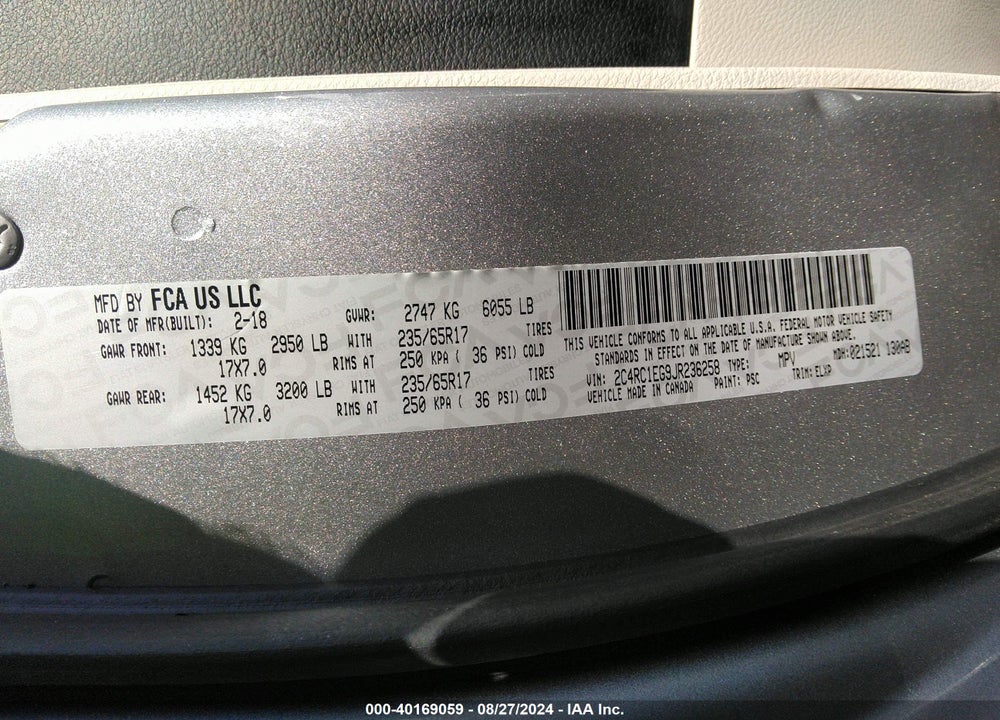 2018 CHRYSLER PACIFICA TOURING L PLUS VIN: 2C4RC1EG9JR236258