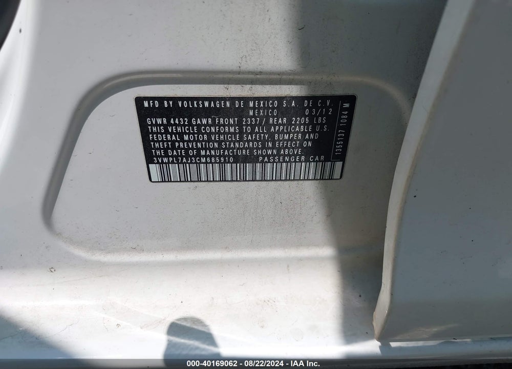 2012 VOLKSWAGEN JETTA SPORTWAGEN 2.0L TDI VIN: 3VWPL7AJ3CM685910