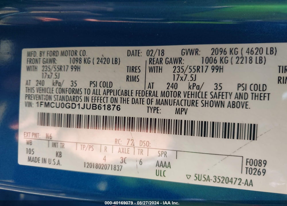 2018 FORD ESCAPE SE VIN: 1FMCU0GD1JUB61876