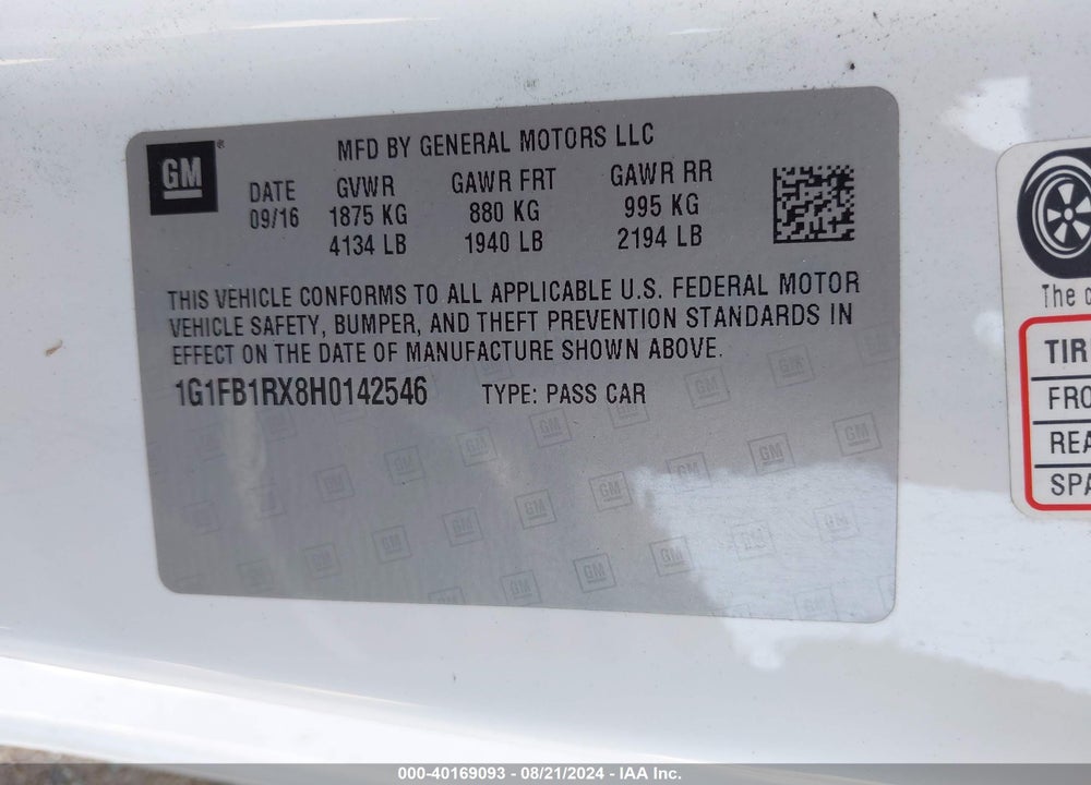 2017 CHEVROLET CAMARO 1LT VIN: 1G1FB1RX8H0142546