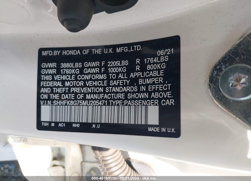 2021 HONDA CIVIC TYPE-R TOURING VIN: SHHFK8G75MU205471