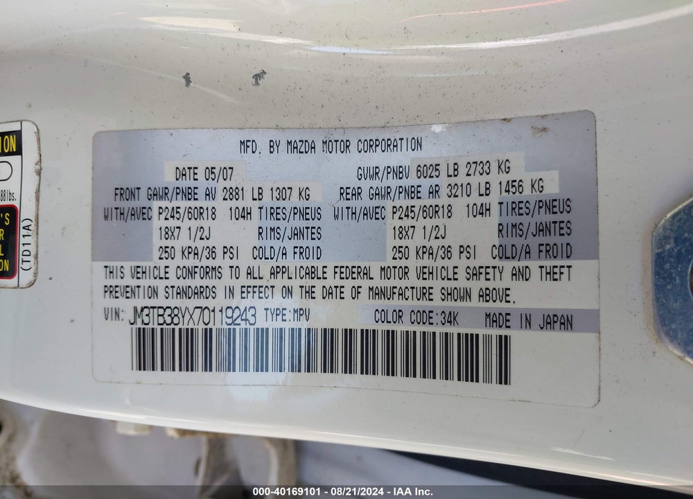 2007 MAZDA CX-9 SPORT VIN: JM3TB38YX70119243