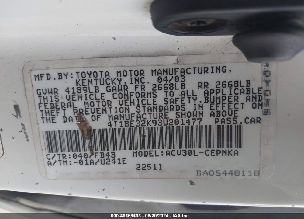 2003 TOYOTA CAMRY LE VIN: 4T1BE32K93U201477