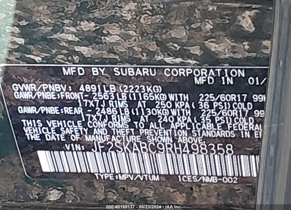 2024 SUBARU FORESTER VIN: JF2SKABC9RH498358