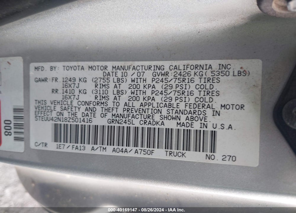 2008 TOYOTA TACOMA BASE V6 VIN: 5TEUU42N18Z501416