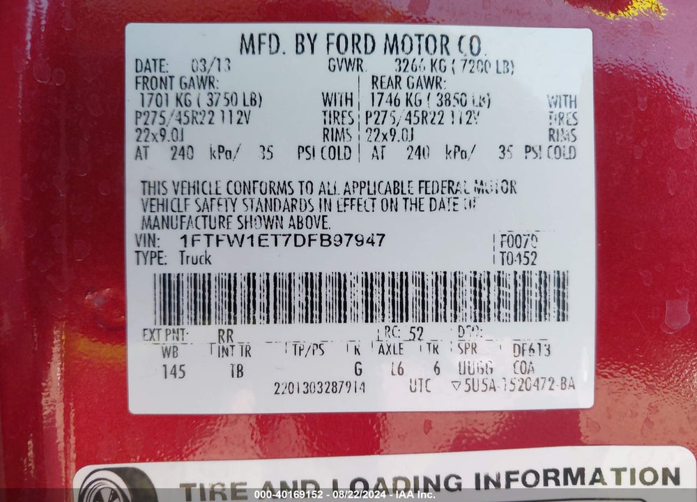 2013 FORD F-150 LIMITED VIN: 1FTFW1ET7DFB97947