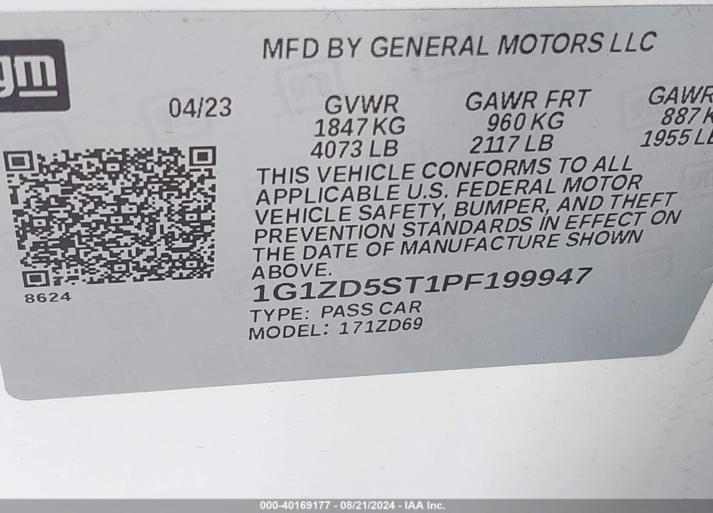 2023 CHEVROLET MALIBU FWD 1LT VIN: 1G1ZD5ST1PF199947