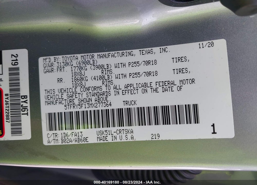 2021 TOYOTA TUNDRA SR VIN: 5TFRY5F13MX277364