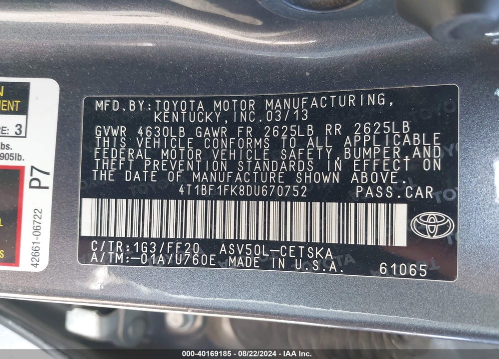 2013 TOYOTA CAMRY SE VIN: 4T1BF1FK8DU670752