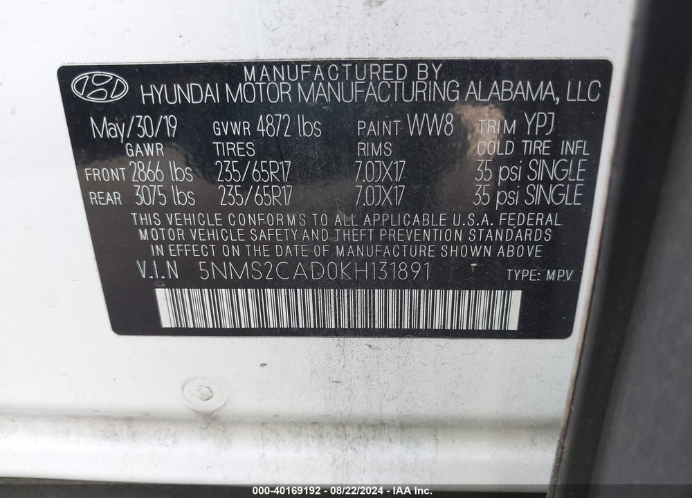 2019 HYUNDAI SANTA FE SE VIN: 5NMS2CAD0KH131891