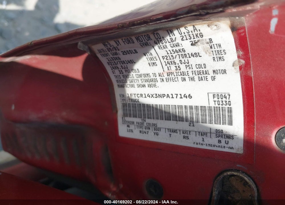 1992 FORD RANGER SUPER CAB VIN: 1FTCR14X3NPA17146