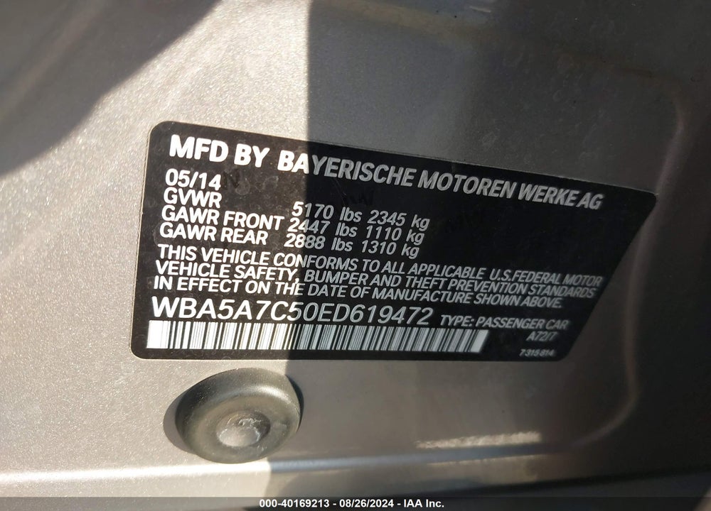 2014 BMW 528I XDRIVE VIN: WBA5A7C50ED619472