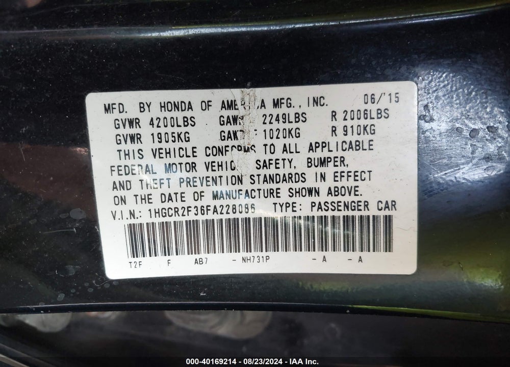 2015 HONDA ACCORD LX VIN: 1HGCR2F36FA228086