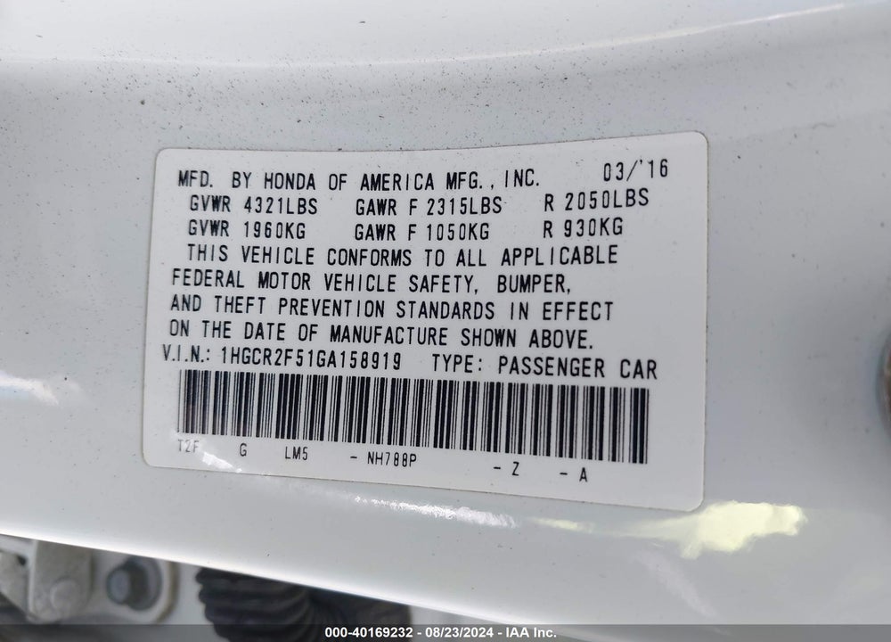 2016 HONDA ACCORD SPORT VIN: 1HGCR2F51GA158919