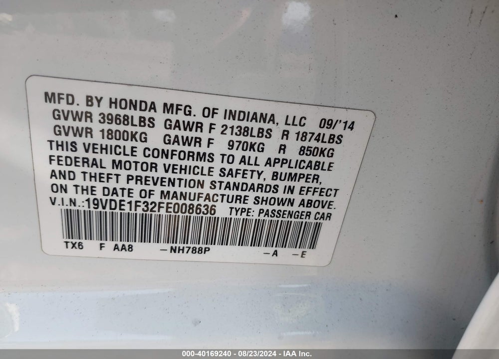 2015 ACURA ILX 2.0L VIN: 19VDE1F32FE008636