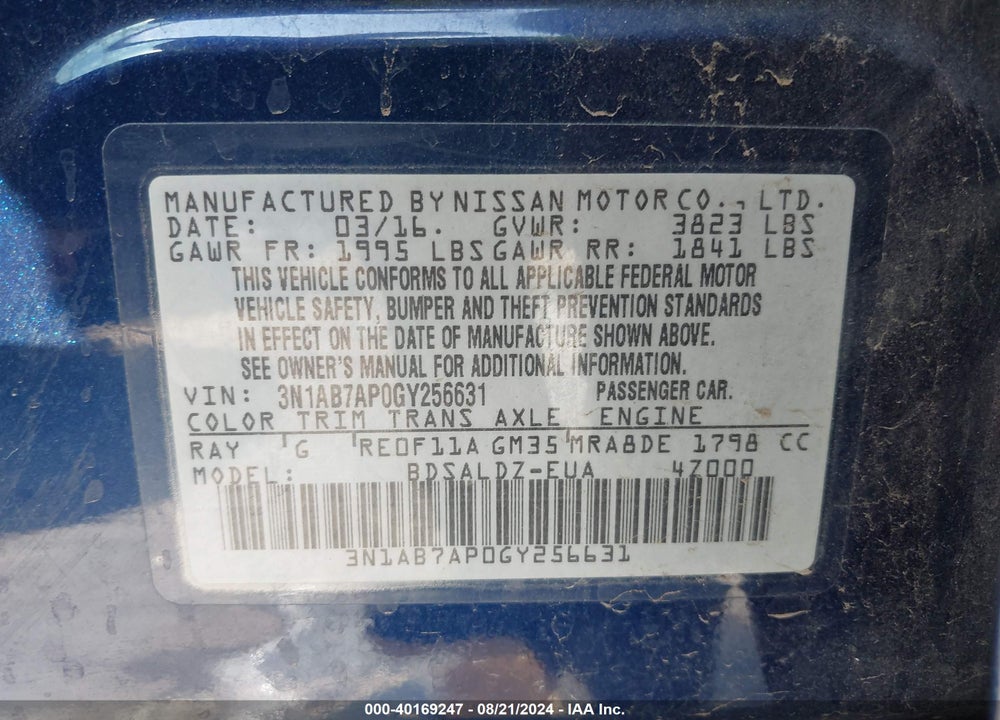 2016 NISSAN SENTRA SV VIN: 3N1AB7AP0GY256631