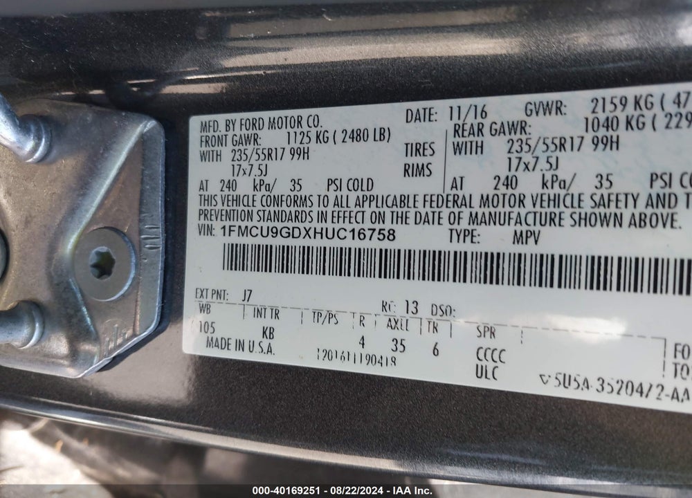 2017 FORD ESCAPE SE VIN: 1FMCU9GDXHUC16758