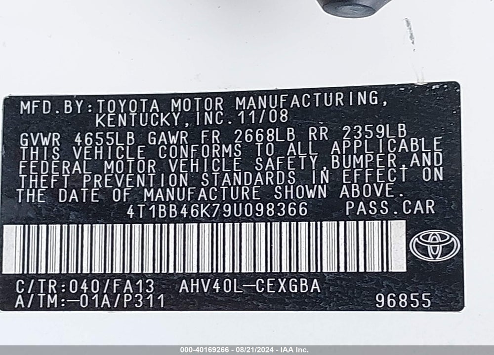 2009 TOYOTA CAMRY HYBRID VIN: 4T1BB46K79U098366