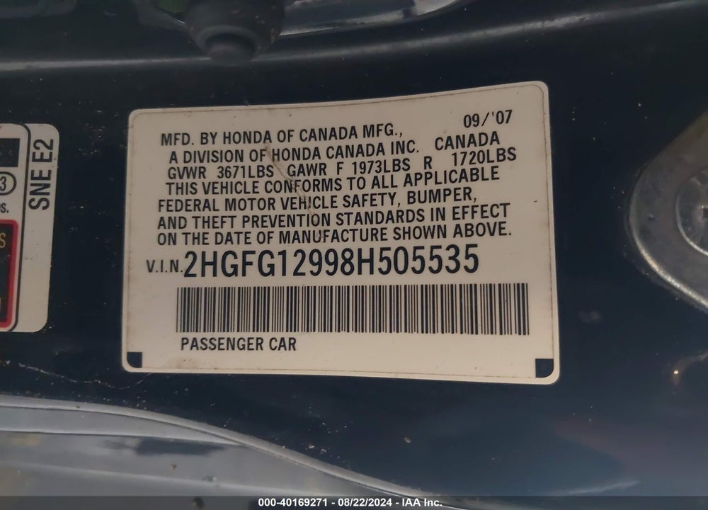 2008 HONDA CIVIC EX-L VIN: 2HGFG12998H505535