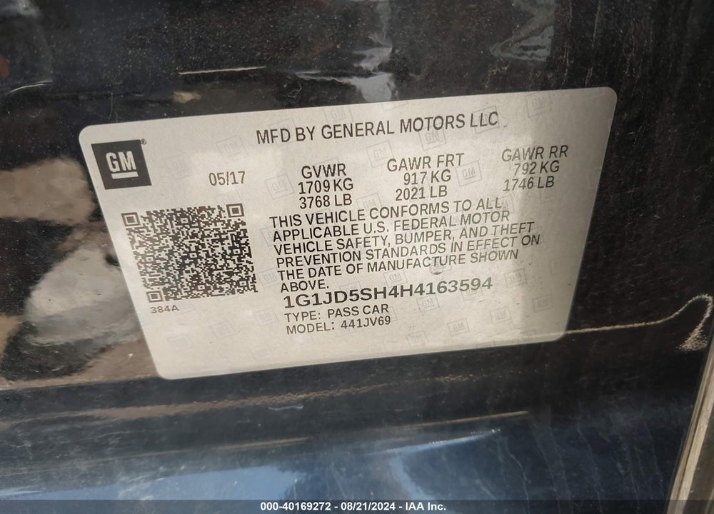 2017 CHEVROLET SONIC LT AUTO VIN: 1G1JD5SH4H4163594