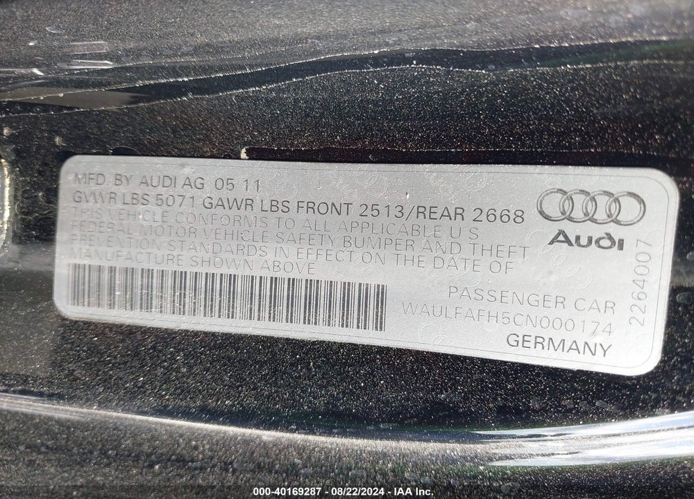 2012 AUDI A5 2.0T PREMIUM VIN: WAULFAFH5CN000174