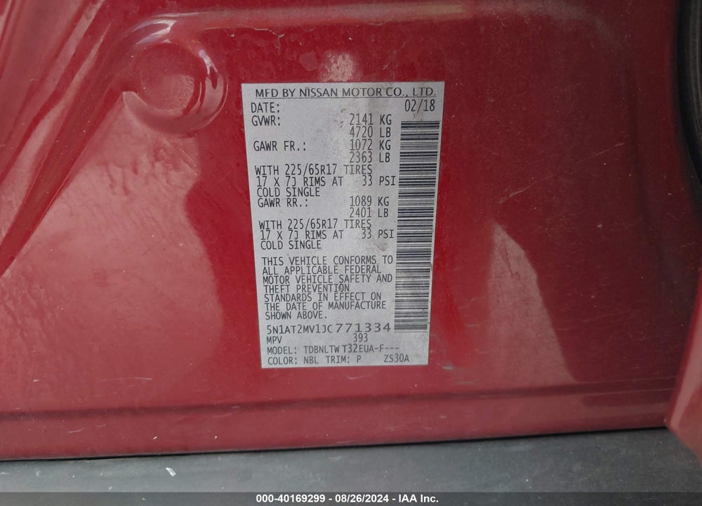 2018 NISSAN ROGUE SV VIN: 5N1AT2MV1JC771334