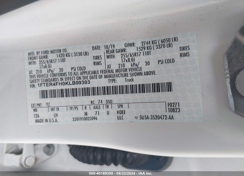 2019 FORD RANGER VIN: 1FTER4FH0KLB09303