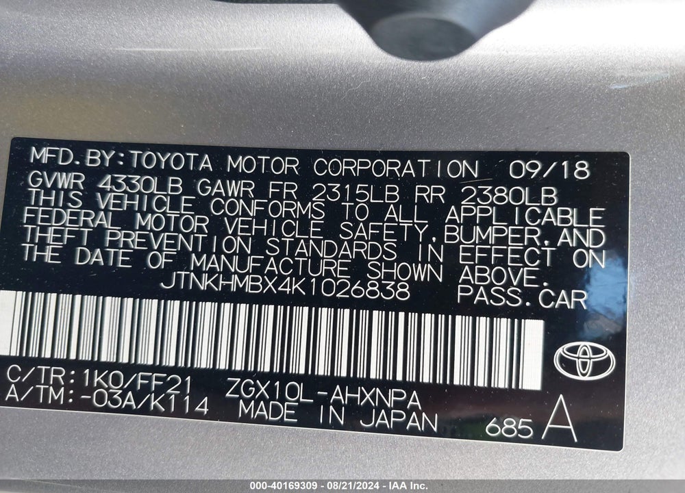2019 TOYOTA C-HR XLE VIN: JTNKHMBX4K1026838