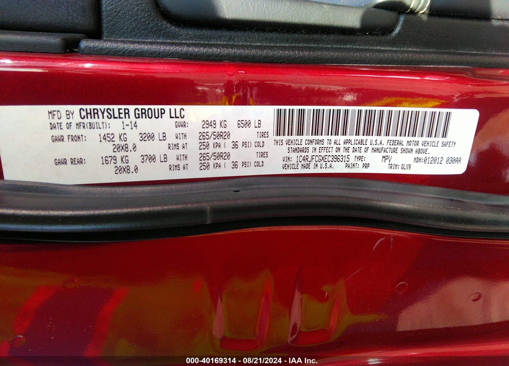 2014 JEEP GRAND CHEROKEE OVERLAND VIN: 1C4RJFCGXEC396315