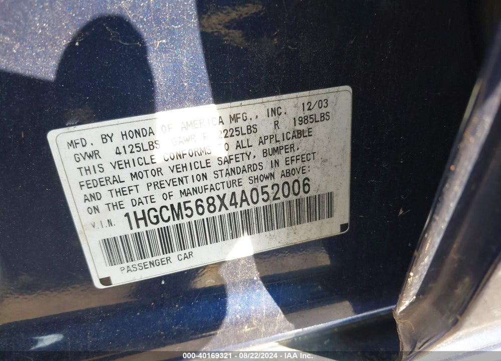 2004 HONDA ACCORD 2.4 EX VIN: 1HGCM568X4A052006