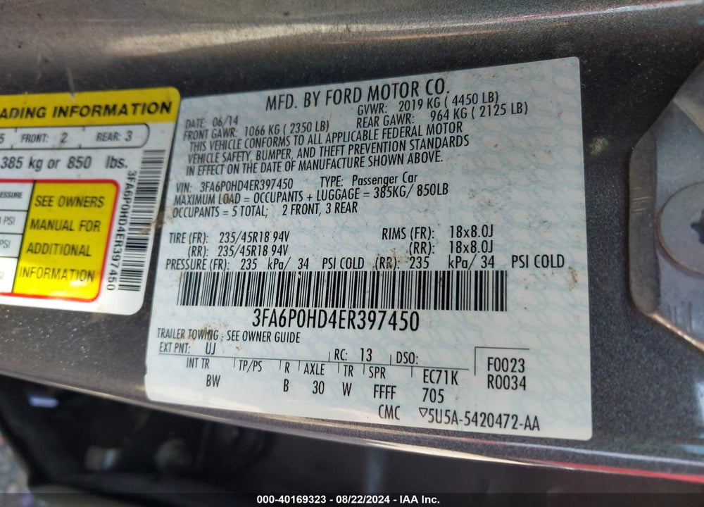 2014 FORD FUSION SE VIN: 3FA6P0HD4ER397450