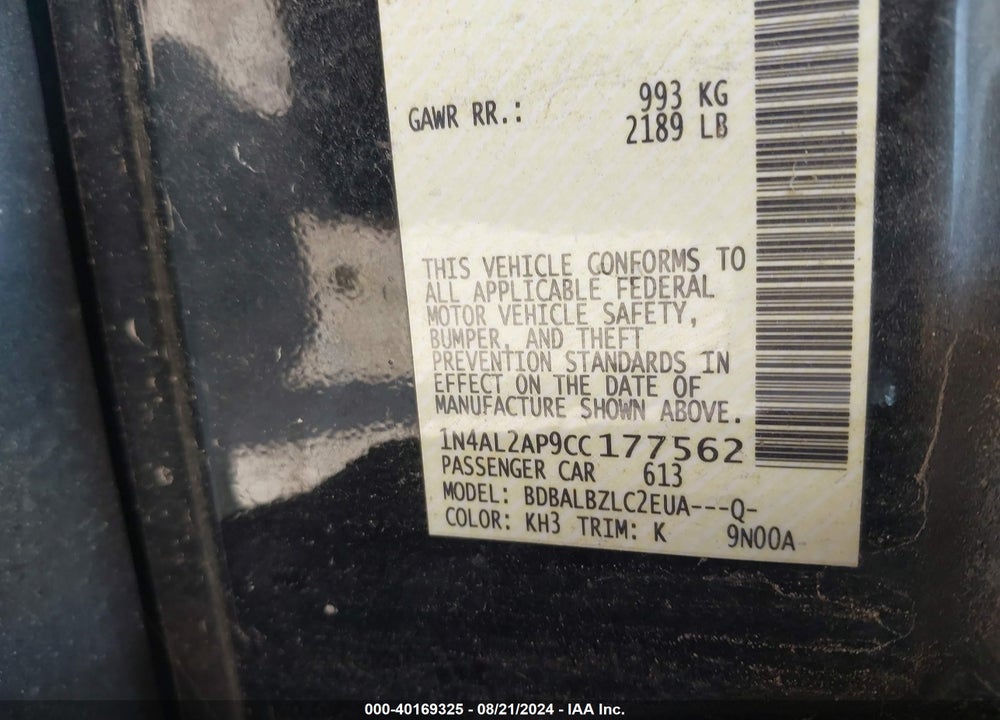 2012 NISSAN ALTIMA 2.5 S VIN: 1N4AL2AP9CC177562