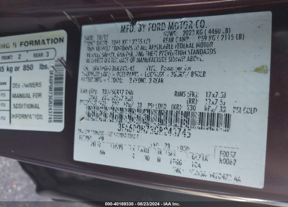 2016 FORD FUSION SE VIN: 3FA6P0H73GR243745