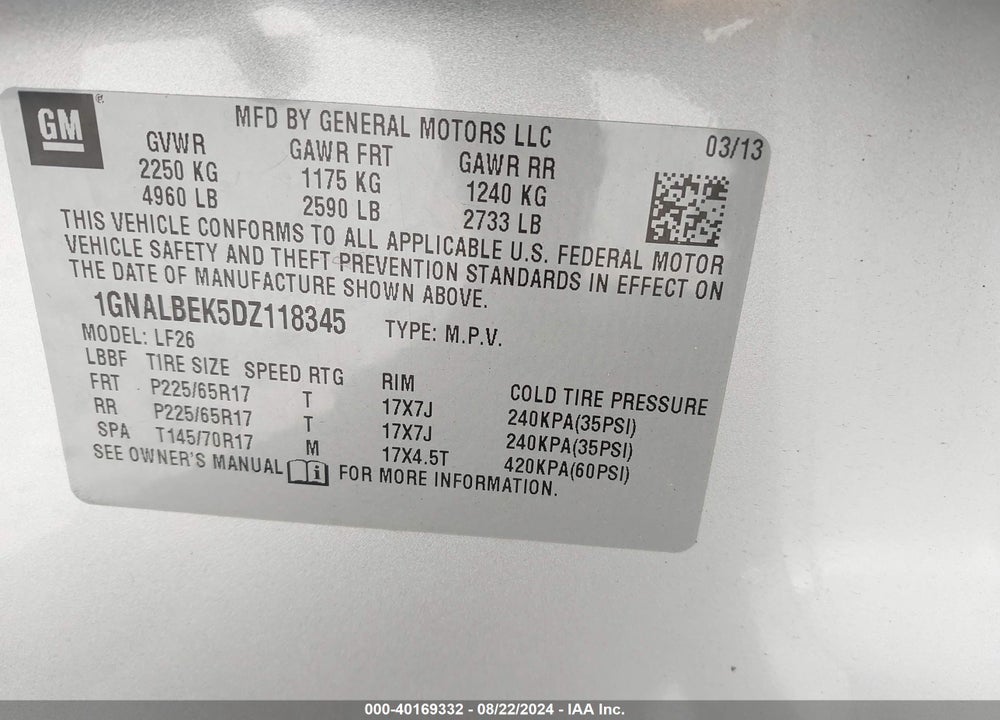 2013 CHEVROLET EQUINOX LS VIN: 1GNALBEK5DZ118345