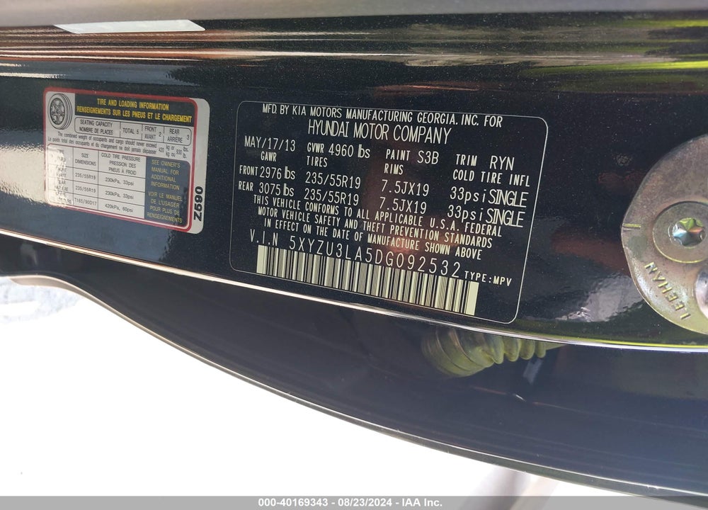 2013 HYUNDAI SANTA FE SPORT 2.0T VIN: 5XYZU3LA5DG092532