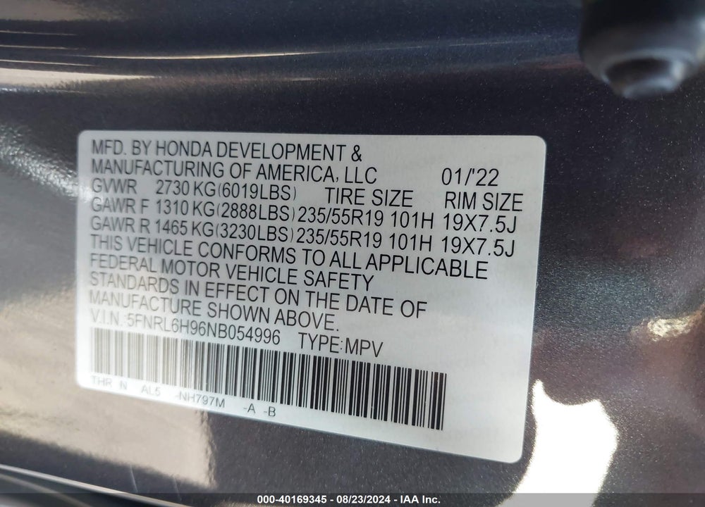 2022 HONDA ODYSSEY ELITE VIN: 5FNRL6H96NB054996