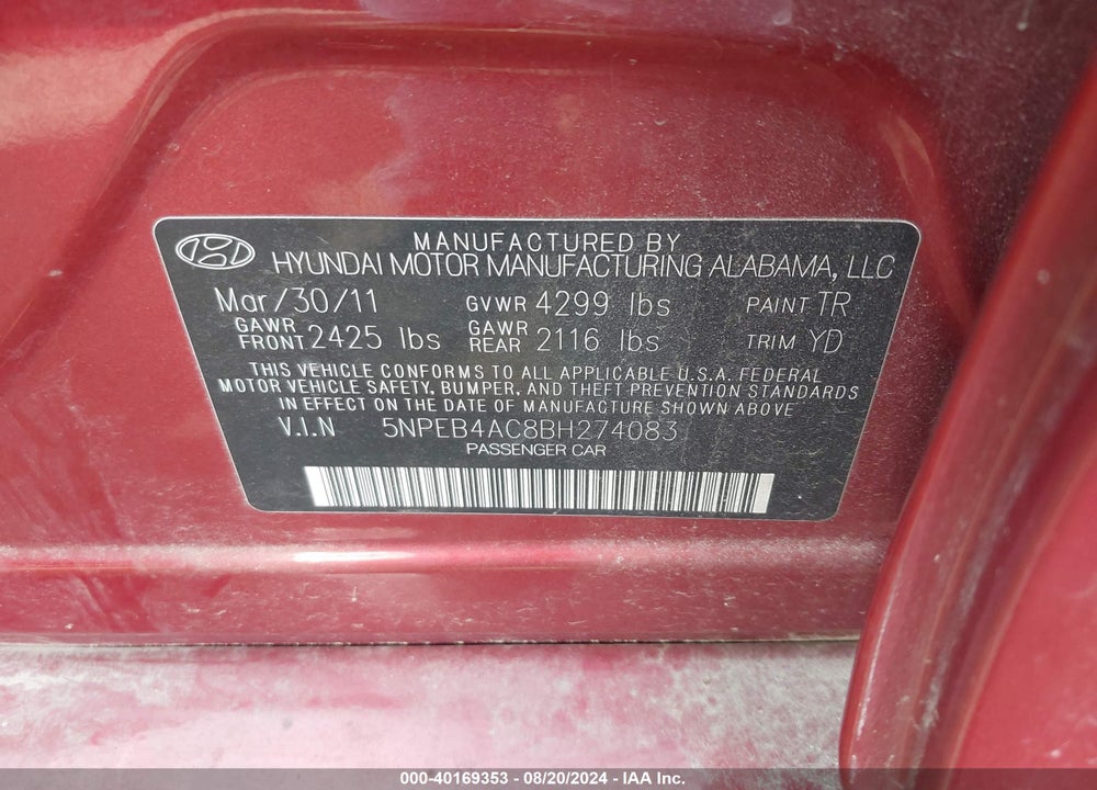 2011 HYUNDAI SONATA GLS VIN: 5NPEB4AC8BH274083