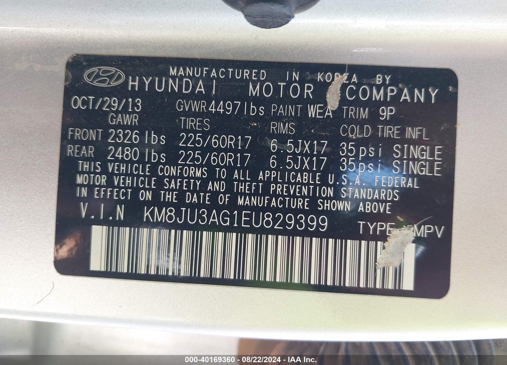 2014 HYUNDAI TUCSON SE VIN: KM8JU3AG1EU829399