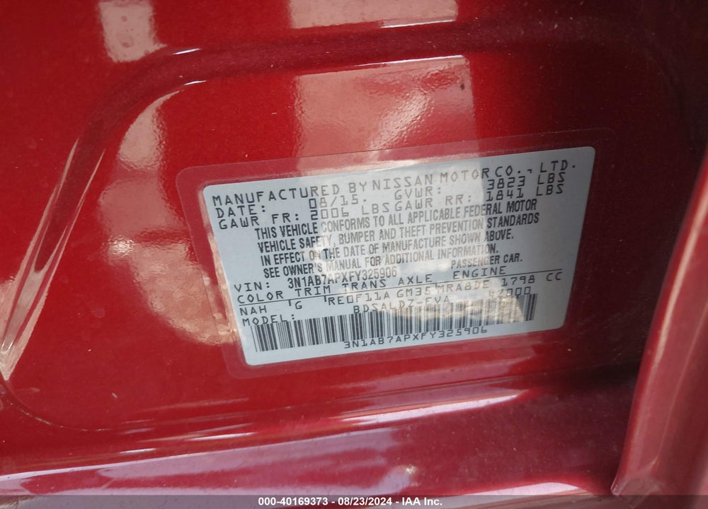 2015 NISSAN SENTRA SV VIN: 3N1AB7APXFY325906