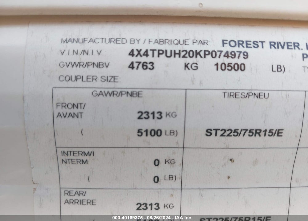 2019 PALOMINO OTHER VIN: 4X4TPUH20KP074979