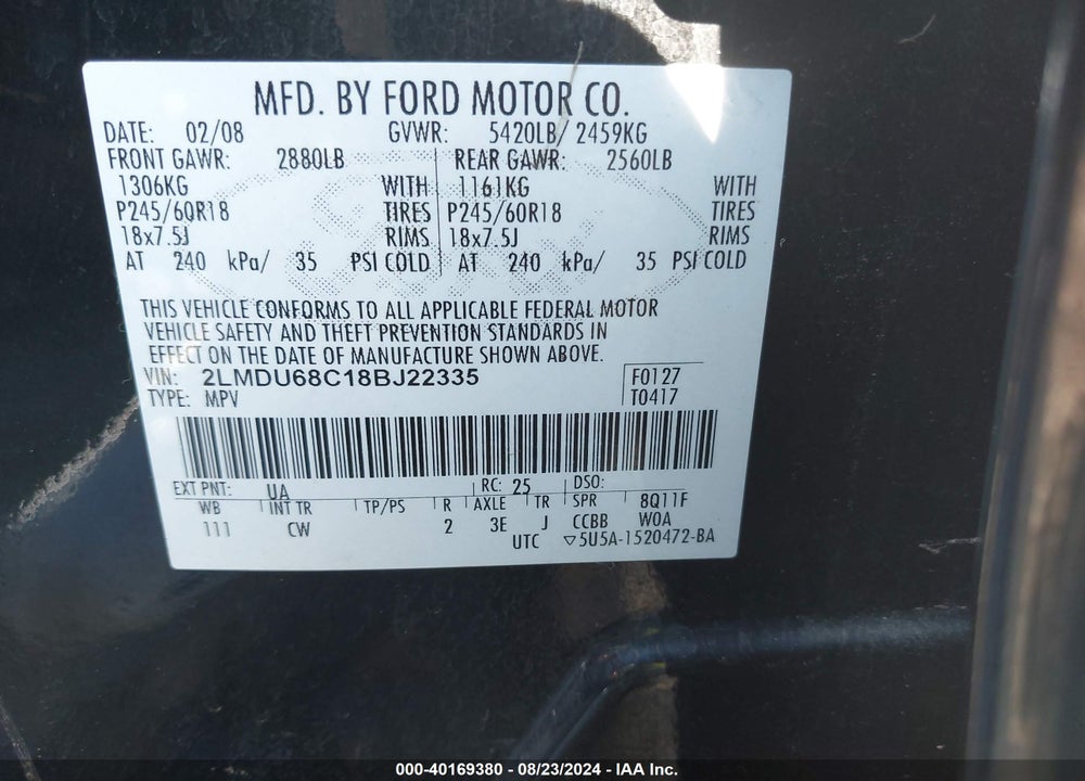 2008 LINCOLN MKX VIN: 2LMDU68C18BJ22335