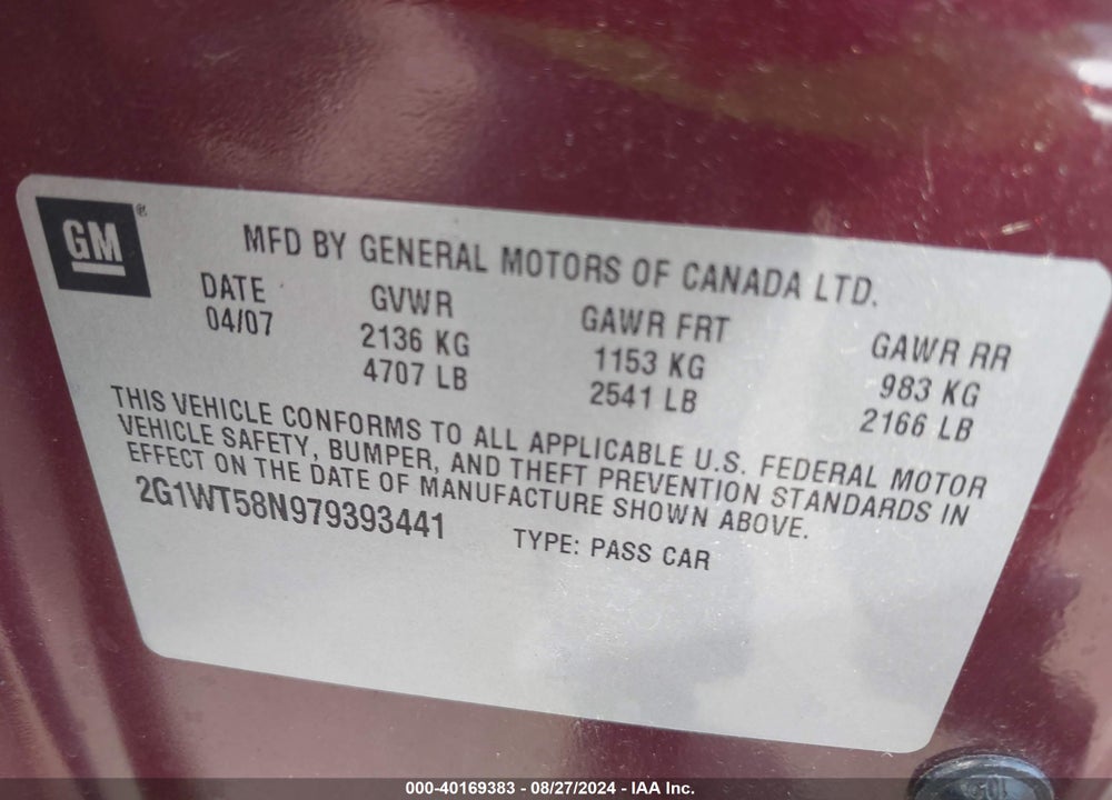 2007 CHEVROLET IMPALA LT VIN: 2G1WT58N979393441