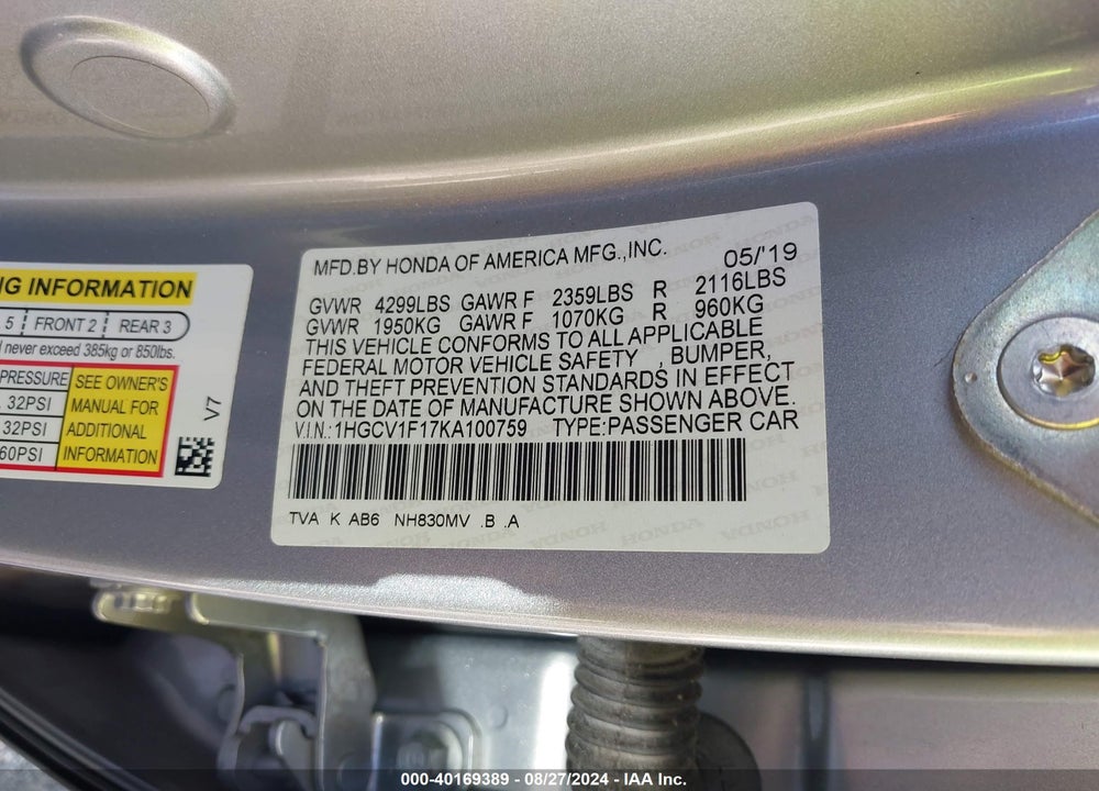 2019 HONDA ACCORD LX VIN: 1HGCV1F17KA100759