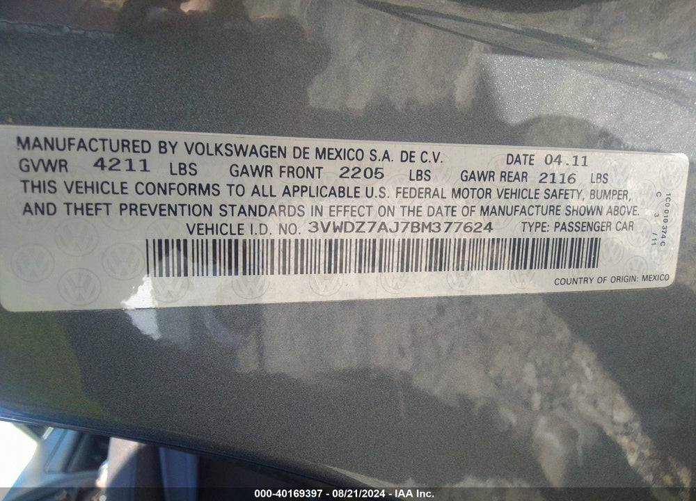 2011 VOLKSWAGEN JETTA 2.5L SE VIN: 3VWDZ7AJ7BM377624