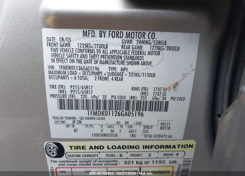2006 FORD FREESTYLE SE VIN: 1FMDK01126GA05196